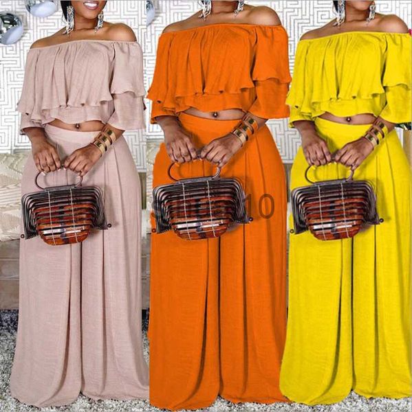women's two piece pants slash neck women pure color two piece sets plus size cascading ruffles elastic waist wide-leg pants casual out, White
women's two piece pants slash neck women pure color two piece sets plus size cascading ruffles elastic waist wide-leg pants casual out, White