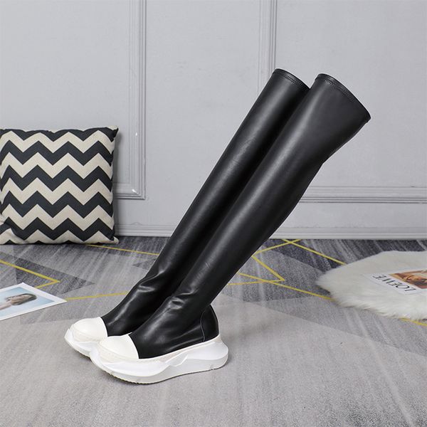 boots designer womens black platform rick ownes boot canvas real leather stretch over the knee booties slip-on thigh high botas de mujer