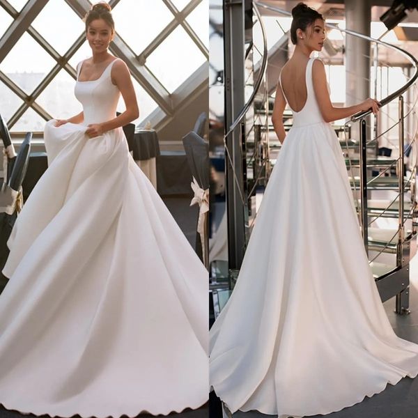 square neck a line wedding dresses for bride pleat backless satin wedding gowns wide straps, White
square neck a line wedding dresses for bride pleat backless satin wedding gowns wide straps, White