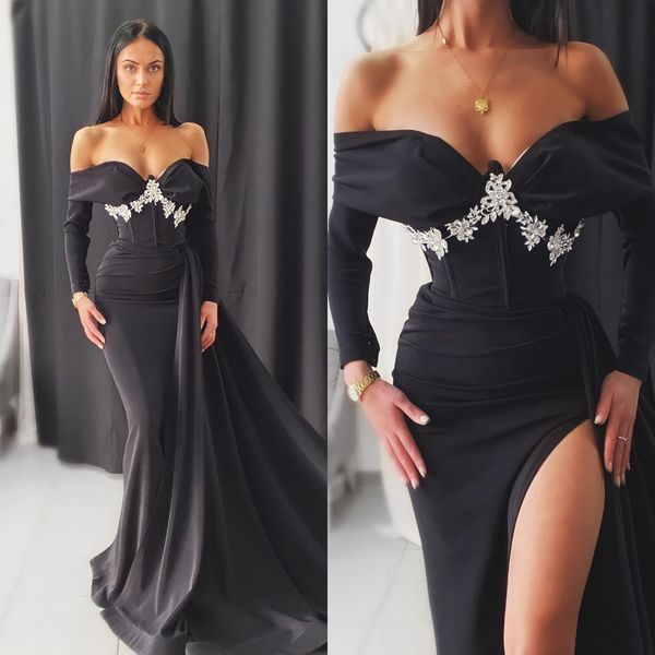 elegant black prom dresses off shoulder long sleeves sheath evening gowns beads pleats overskirts formal long special occasion party dress
elegant black prom dresses off shoulder long sleeves sheath evening gowns beads pleats overskirts formal long special occasion party dress