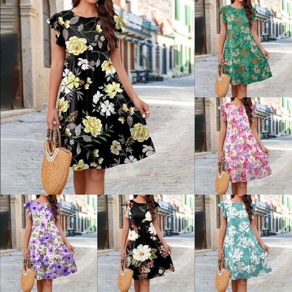 chic knitted printed flounced sleeve casual dress floral, Black;gray