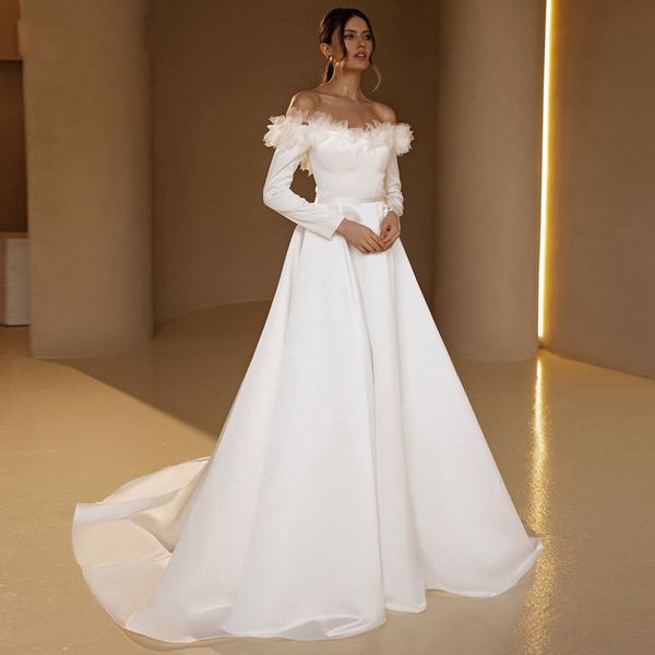 elegant a line off shoulder wedding dresses handmade flower long sleeve bridal gown ribbon belt satin wedding gown with court train, White
elegant a line off shoulder wedding dresses handmade flower long sleeve bridal gown ribbon belt satin wedding gown with court train, White