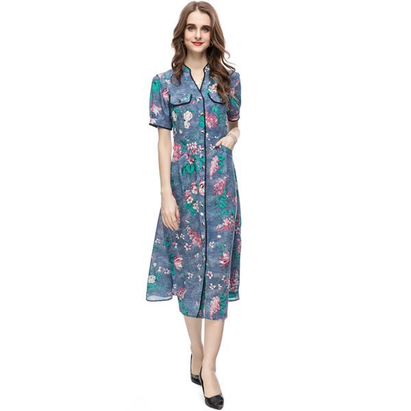 women's runway dresses v neck short sleeves printed high street fashion floral mid pencil vestidos, Black
women's runway dresses v neck short sleeves printed high street fashion floral mid pencil vestidos, Black