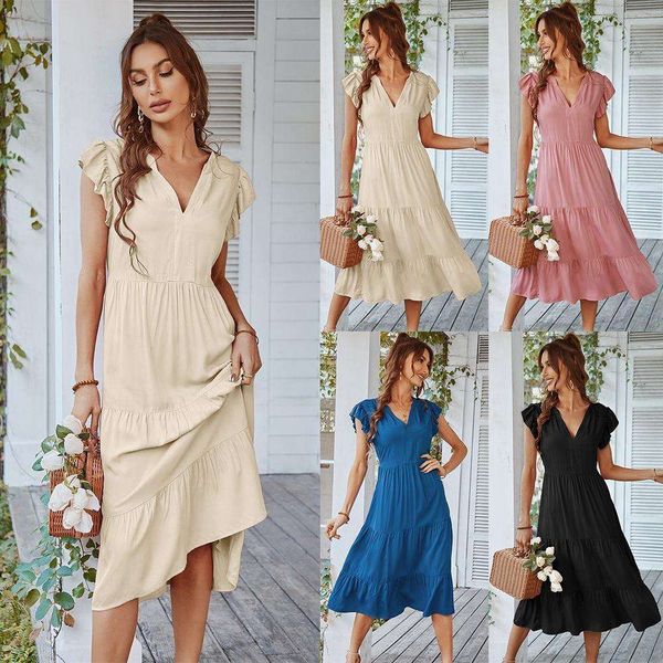 v neck flying sleeves solid color dress spring and summer leisure holiday a line skirt, Black;gray
v neck flying sleeves solid color dress spring and summer leisure holiday a line skirt, Black;gray