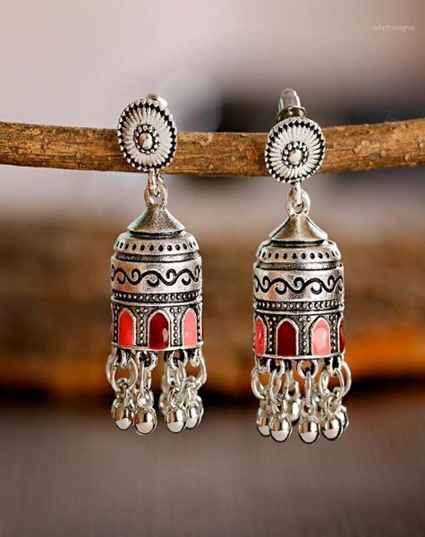 retro bollywood oxidized womens jewellery ethnic silver carved afghan bell tassel drop jhumka earrings wedding jewelry12494644