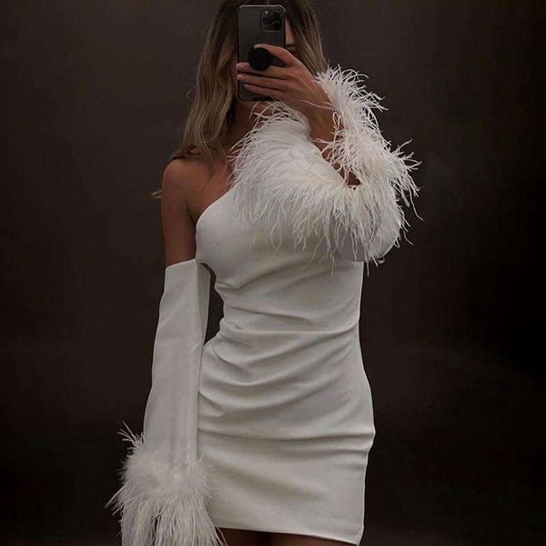 style slim fit dress one shoulder design stitching horn furry sleeves short skirt, Black;gray
style slim fit dress one shoulder design stitching horn furry sleeves short skirt, Black;gray