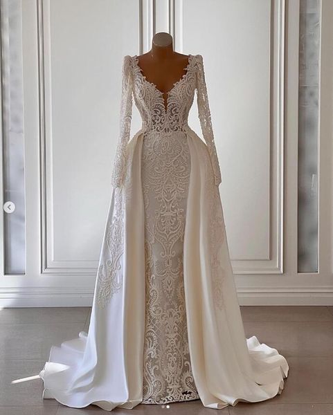 modern mermaid long sleeve wedding dresses with detachable train applique stain v-neck princess church royal bridal gown, White
modern mermaid long sleeve wedding dresses with detachable train applique stain v-neck princess church royal bridal gown, White