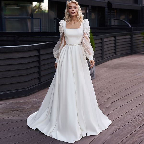new square neck illusion sleeve a line wedding dresses lace appliques bead garden bridal dress button back satin bride gown with belt, White
new square neck illusion sleeve a line wedding dresses lace appliques bead garden bridal dress button back satin bride gown with belt, White