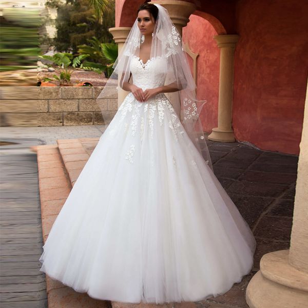 graceful illusion neck a line wedding bridal dresses cap sleeve lace appliques button back bridal gowns with court train, White
graceful illusion neck a line wedding bridal dresses cap sleeve lace appliques button back bridal gowns with court train, White