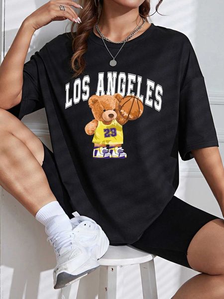 women's fashion t-shirt bear letter graphic shoulder oversized, White
women's fashion t-shirt bear letter graphic shoulder oversized, White