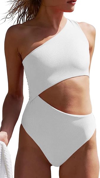 womens one piece ribbed swimsuit one shoulder cutout swimwear bathing suit, White;black
womens one piece ribbed swimsuit one shoulder cutout swimwear bathing suit, White;black