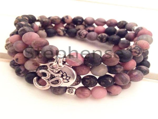 mg0663 black vein rhodonite 108 mala bracelet 8 mm gemstone ohm lotus charm bracelet new design womens yoga mala bracelet8671104