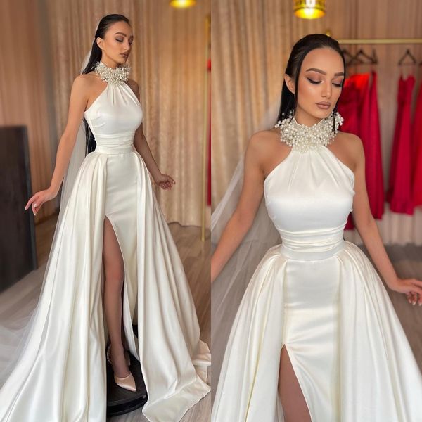 vintage a line wedding dresses halter satin wedding dress overskirts slit long designer bridal gowns sweep train, White
vintage a line wedding dresses halter satin wedding dress overskirts slit long designer bridal gowns sweep train, White