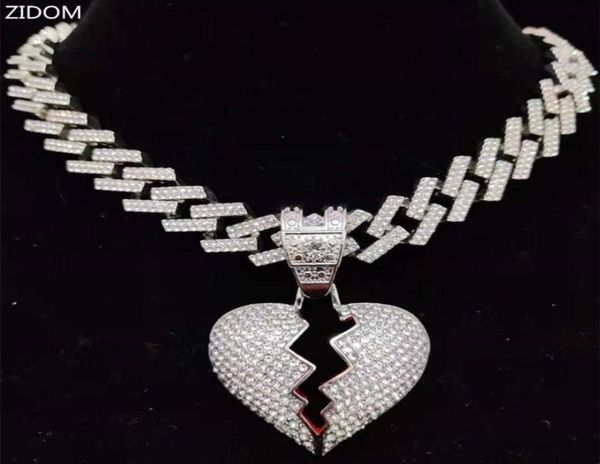 men women hip hop iced out bling heart pendant necklace with 13mm rhombus cuban chain hiphop necklaces fashion jewelry gifts1430591, Silver