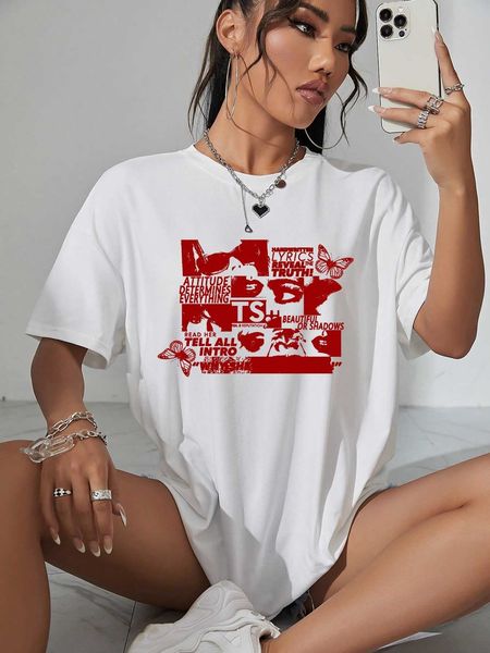 women's fashion t-shirt butterfly slogan graphic shoulder, White
women's fashion t-shirt butterfly slogan graphic shoulder, White