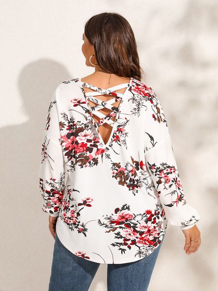 women's plus size tshirt finjani plus size women blouse floral print criss cross back blouses curved hem elegant women's clothing, Black
women's plus size tshirt finjani plus size women blouse floral print criss cross back blouses curved hem elegant women's clothing, Black