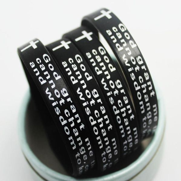 50pcs black bible jesus serenity prayer silicone bracelets men wristband women religious faith soft rubber bangle xmas gift jewel2956706, Golden;silver
50pcs black bible jesus serenity prayer silicone bracelets men wristband women religious faith soft rubber bangle xmas gift jewel2956706, Golden;silver