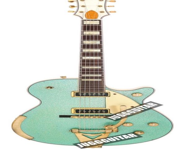 

custom shop masterbuilt 1955 duo jet surf green sparkle electric guitar white back sides headstock gold binding bigs tailpiece 2692422