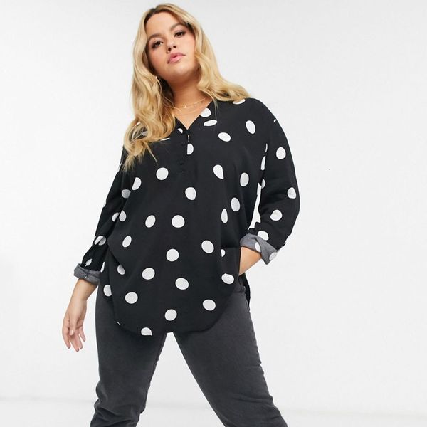 

women's plus size tshirt plus size half button placket summer spring polka dot blouse women roll sleeve casual female large size loose, Black