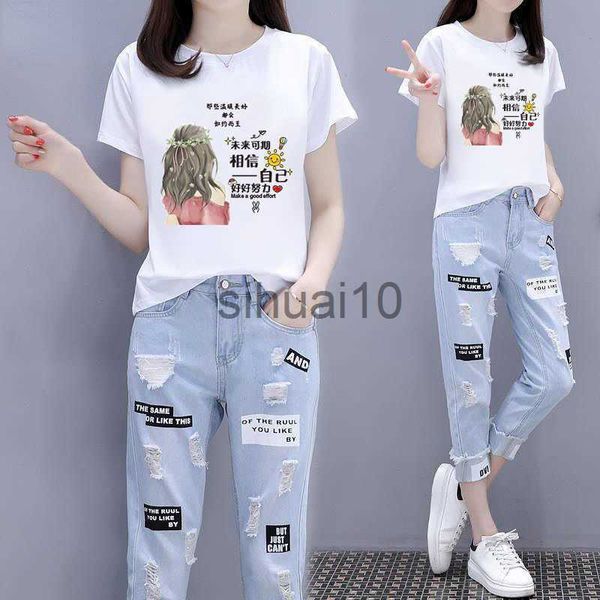 women's two piece pants women's suit fashion short sleeved t-shirt and pierced ankle-length jeans pants two piece set female dent, White
women's two piece pants women's suit fashion short sleeved t-shirt and pierced ankle-length jeans pants two piece set female dent, White