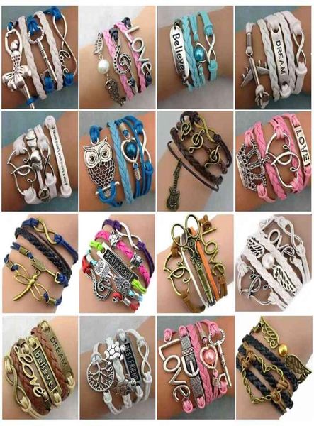 whole 30pcslots mix style infinity love charm bracelets antique multilayer leather bracelets for women jewelry 2103235980088, Golden;silver 
whole 30pcslots mix style infinity love charm bracelets antique multilayer leather bracelets for women jewelry 2103235980088, Golden;silver