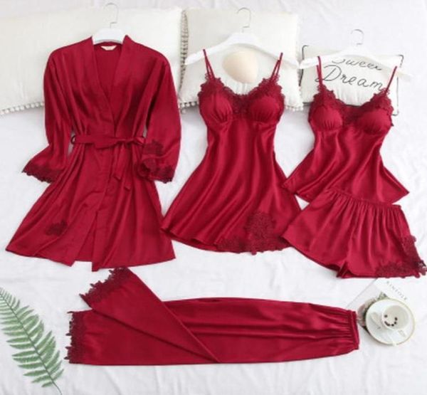 women pajamas 5 pieces sets satin sleepwear pijama silk home wear embroidery sleep lounge pyjama with chest pads32065839816037, Black;red
women pajamas 5 pieces sets satin sleepwear pijama silk home wear embroidery sleep lounge pyjama with chest pads32065839816037, Black;red