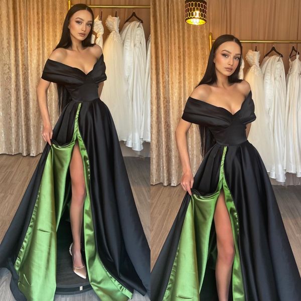 elegant a line black prom dresses off shoulder green lining evening gowns pleats split formal long special occasion party dress
elegant a line black prom dresses off shoulder green lining evening gowns pleats split formal long special occasion party dress