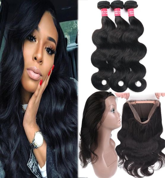 malaysian body wave straight 3 bundles with 360 full lace closure 100 virgin human hair weave bundles with closure remy hair ex4873704, Black