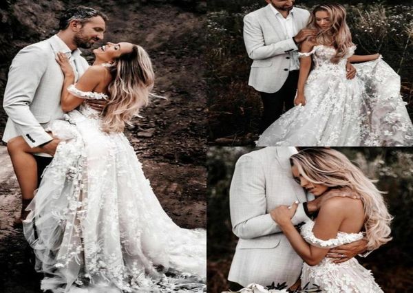 bohemian a line wedding dresses lace appliques off shoulder tulle bridal gowns country style vestido de novia6934295, White