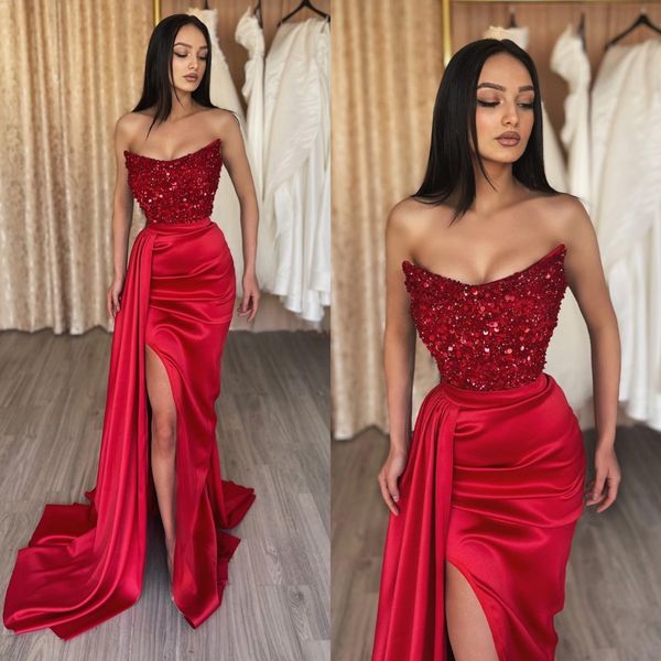 chic red prom dresses sequins strapless sheath evening gowns pleats split formal long special occasion party dress, Black
chic red prom dresses sequins strapless sheath evening gowns pleats split formal long special occasion party dress, Black