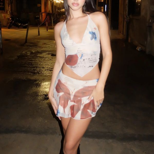 two piece dress summer hollow binding irregular print vest flower print short skirt fashion dress, White
two piece dress summer hollow binding irregular print vest flower print short skirt fashion dress, White