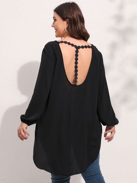 women's plus size t-shirt finjani plus size women's blouse contrast lace cut out back high low hem long sleeves 230715, Black
women's plus size t-shirt finjani plus size women's blouse contrast lace cut out back high low hem long sleeves 230715, Black