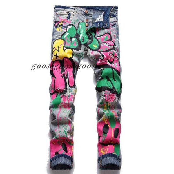 men's jeans men colored doodle painted denim streetwear punk stretch print pants buttons holes ripped slim pencil trousers, Blue
men's jeans men colored doodle painted denim streetwear punk stretch print pants buttons holes ripped slim pencil trousers, Blue