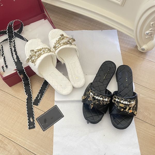 women flat heels slippers c quilted texture gold-tone metal buckle pearls chain sandals flap slide designer mule classic flip flops outdoor, Black
women flat heels slippers c quilted texture gold-tone metal buckle pearls chain sandals flap slide designer mule classic flip flops outdoor, Black