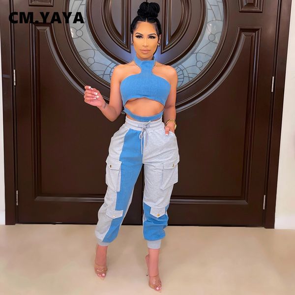 women's two piece pants cm.yaya women tracksuit patchwork halter crop pockets pants two 2 piece sets streetwear fashion outfits summer, White
women's two piece pants cm.yaya women tracksuit patchwork halter crop pockets pants two 2 piece sets streetwear fashion outfits summer, White