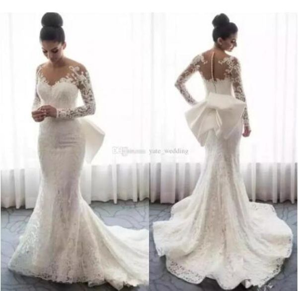 2019 lace mermaid wedding dresses sheer neck long sleeves appliques bow saudi arabic bridal gowns with detachable train buttons br2184999, White
2019 lace mermaid wedding dresses sheer neck long sleeves appliques bow saudi arabic bridal gowns with detachable train buttons br2184999, White