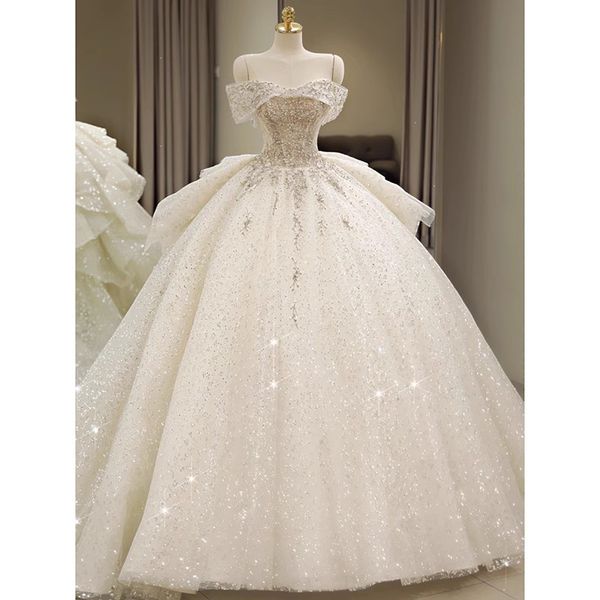 2023 new off the shoulder wedding dress for bride with long train lace up luxury bridal ball gown, White
2023 new off the shoulder wedding dress for bride with long train lace up luxury bridal ball gown, White