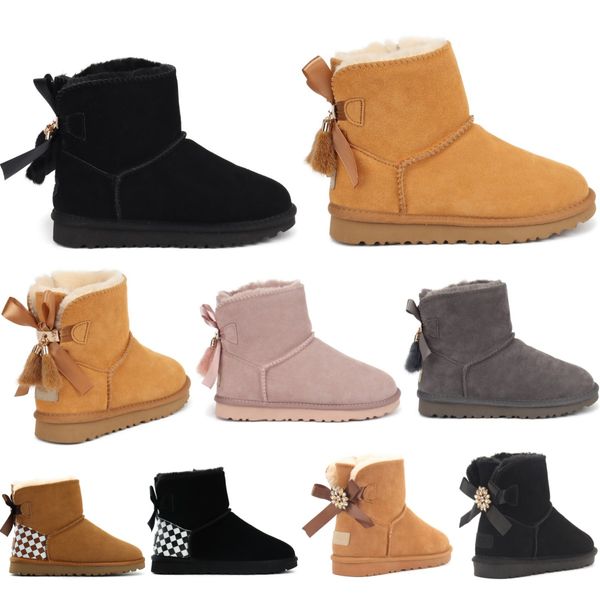 mini bow australian kids boots classic girls shoes toddler children winter snow boot wggs ii baby kid youth uggly chestnut black furry baile, Black;grey