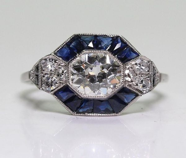 

antique jewelry 925 sterling silver diamond sapphire bride wedding engagement art deco ring size 5125032598, Golden;silver