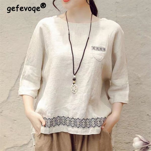 women's t-shirt women vintage ethnic style embroidery cotton linen comfortable t shirt y2k female summer simple casual loose 3/4 sleeve, White
women's t-shirt women vintage ethnic style embroidery cotton linen comfortable t shirt y2k female summer simple casual loose 3/4 sleeve, White