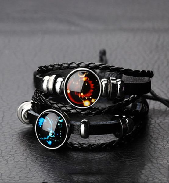 12 constellation zodiac sign leather bracelet personality retro starry sky bracelet woven braided punk men bracelet2505856, Golden;silver