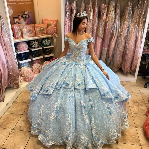 sky blue off the shoulder ball gown colorful beaded appliques crystal 3dflower quinceanera dress princess sweet 16 vestidos de 15 anos, Blue;red 
sky blue off the shoulder ball gown colorful beaded appliques crystal 3dflower quinceanera dress princess sweet 16 vestidos de 15 anos, Blue;red