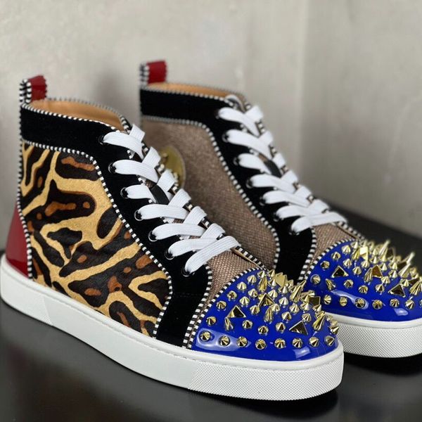 leopard studded red bottom shoes men women round toe mixed color rivet high flat shoes for man fashion loafer shoes luxury designer high sne, Black
leopard studded red bottom shoes men women round toe mixed color rivet high flat shoes for man fashion loafer shoes luxury designer high sne, Black