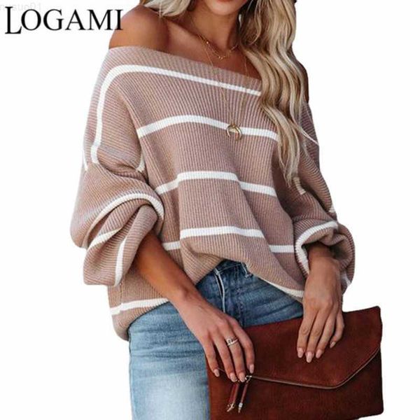 women's sweaters logami 2022 autumn winter striped knitted pullover women off shoulder lantern sleeves sweater l230718, White;black