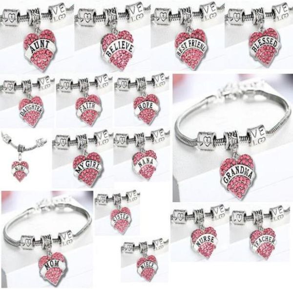 5pcslot 16styles pink crystal heart pendant charm engraved daughter blessed nurse teacher believe etc bracelet bangle as holiday2571144, Golden;silver
5pcslot 16styles pink crystal heart pendant charm engraved daughter blessed nurse teacher believe etc bracelet bangle as holiday2571144, Golden;silver