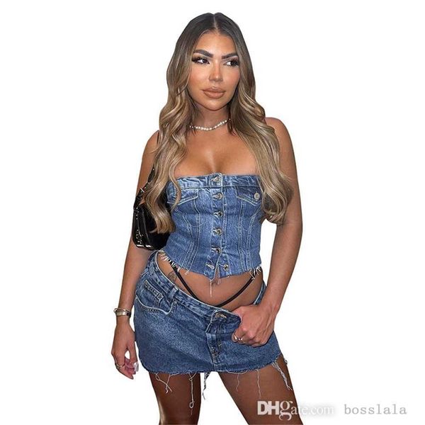womens denim vest new fashion street trend elastic wrapped chest button skirt, White
womens denim vest new fashion street trend elastic wrapped chest button skirt, White