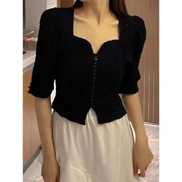 vintage folds t shirt women elegant black square collar crop office lady korean puff short sleeve pleated slim casual tees, White
vintage folds t shirt women elegant black square collar crop office lady korean puff short sleeve pleated slim casual tees, White