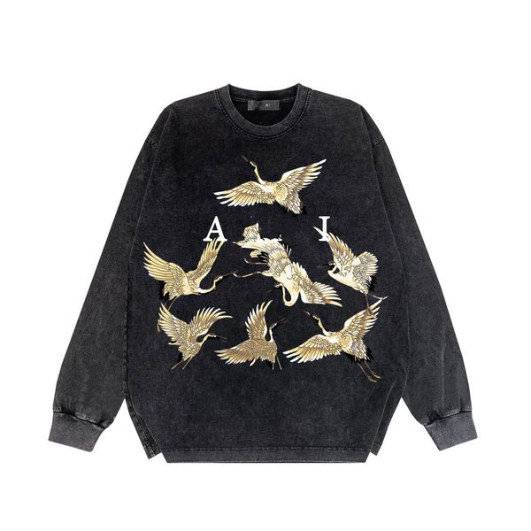 men's hoodies high street vintage high edition gold crane print washed old long sleeve t-shirt sweater, Black
men's hoodies high street vintage high edition gold crane print washed old long sleeve t-shirt sweater, Black