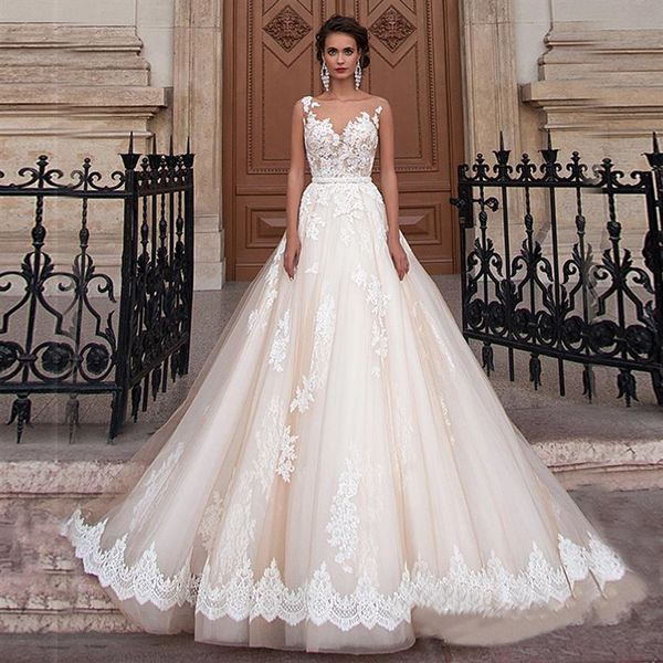 sheer scoop neckline champagne color ball gowns wedding dress applique lace illusion back bridal dress vestido para casamento317f, White
sheer scoop neckline champagne color ball gowns wedding dress applique lace illusion back bridal dress vestido para casamento317f, White