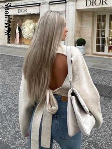 women's sweaters elegant women solid laced knitted pullover loose chic half high neck backless sweater 2023 spring female streetwear pu, White;black
women's sweaters elegant women solid laced knitted pullover loose chic half high neck backless sweater 2023 spring female streetwear pu, White;black